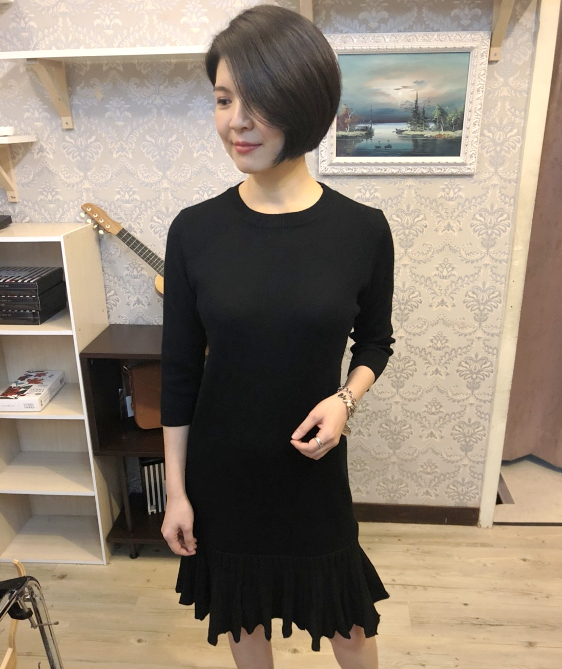 L015氣質甜美七分袖魚尾式針織連衣裙(黑色/黑白條紋)