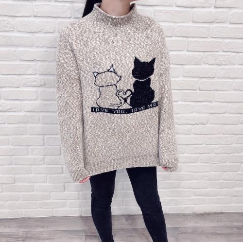 可愛情侶貓咪半高領雪花呢針織上衣-VSKC025-實拍款